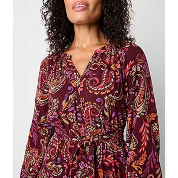 ST. JOHN’S BAY Dress Midi A-Line 3X Ruby Paisley Purple Floral Fall NWT Boho New - Picture 3 of 15